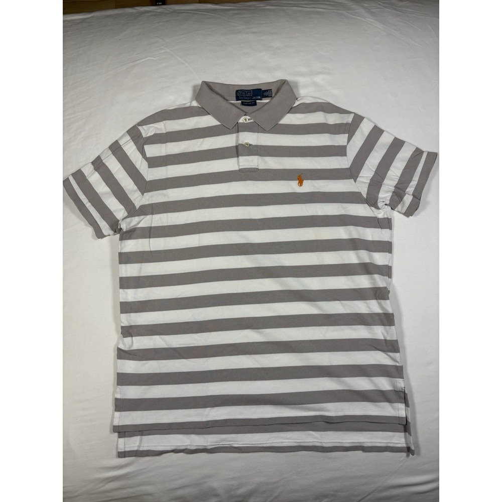 Polo Ralph Lauren Custom Fit Shirt Mens XL Grey White Striped Orange Pony Polo